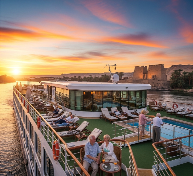 Group of seniors smiling on the deck of an accessible Nile cruise - Nile Cruise for Seniors, Nile Cruise for Seniors